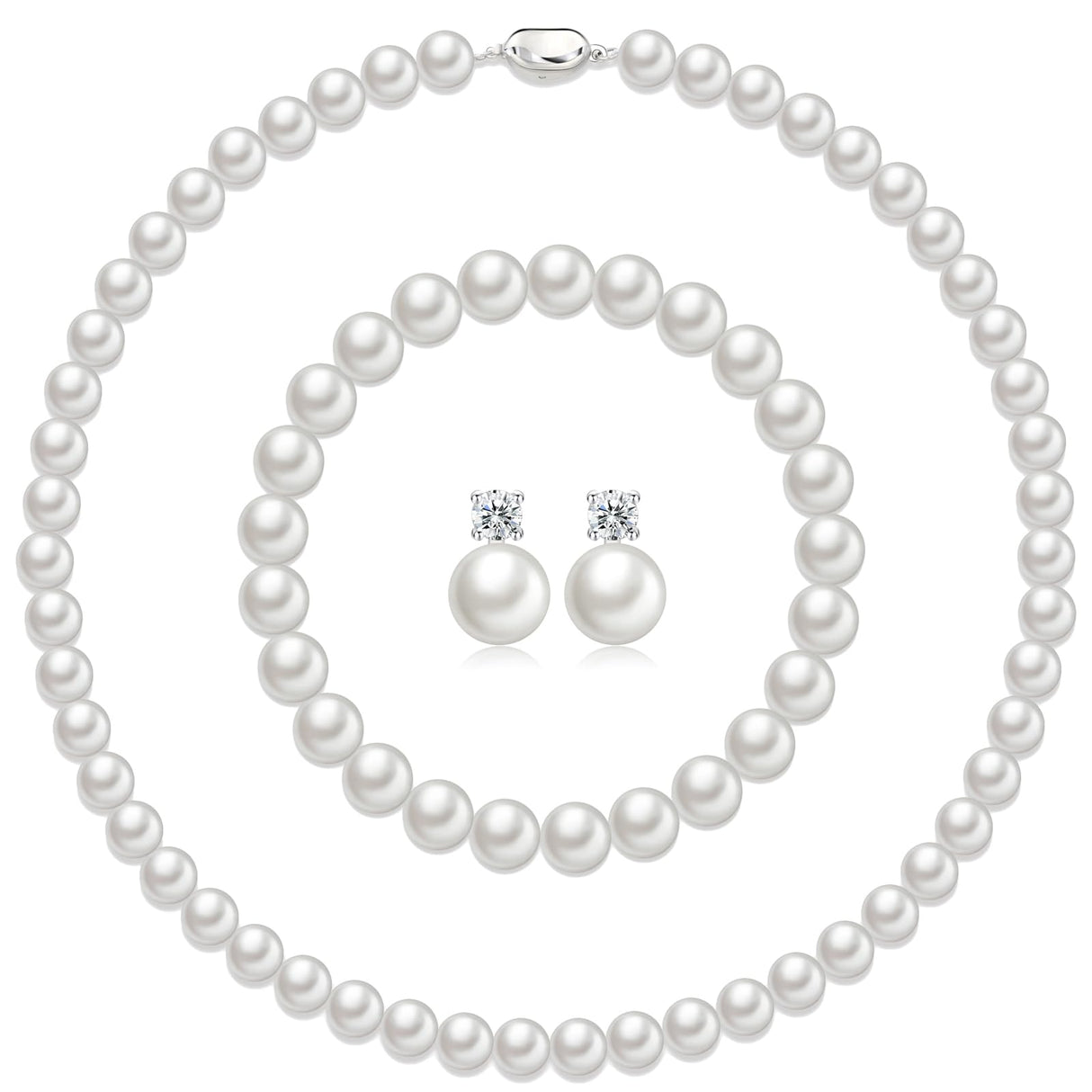Pttozan Pearl Necklaces for Women,8mm White Pearl Necklace and Earring Bracelet Jewelry Set for Women Men Wedding Birthday Valentine Christmas Day Gifts