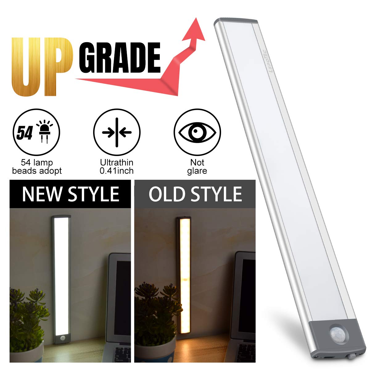 54-LED Motion Sensor Cabinet Light,Under Counter Closet Wireless USB Rechargeable Kitchen Night Lights,Battery Powered for Wardrobe,Cabinet,Cupboard（Warm Light）-2Pack