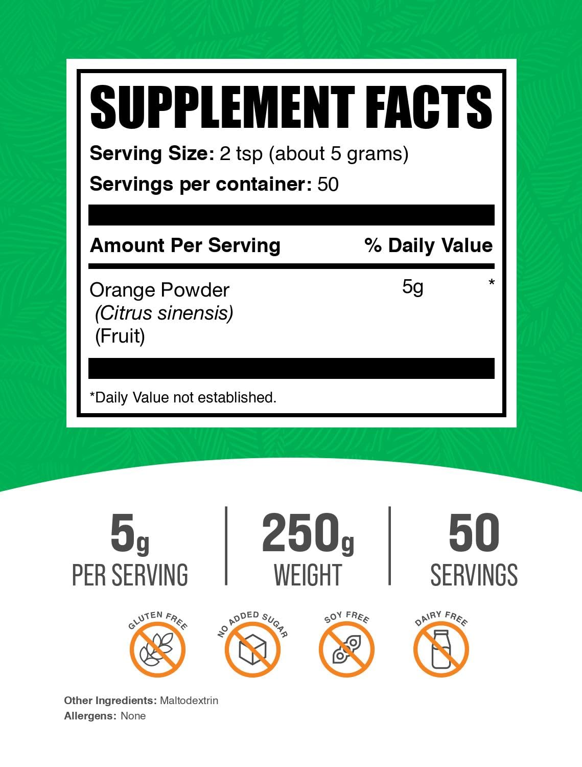 BulkSupplements.com Orange Powder - Orange Fruit Powder, Nutrient-Rich Flavoring - Gluten Free, 5g per Serving, 250g (8.8 oz) (Pack of 1)