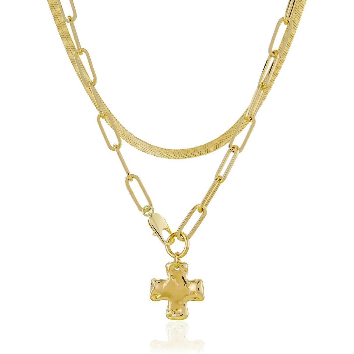 Bheop Chunky Cross Necklace for Women, Gold Layered Herringbone Necklace