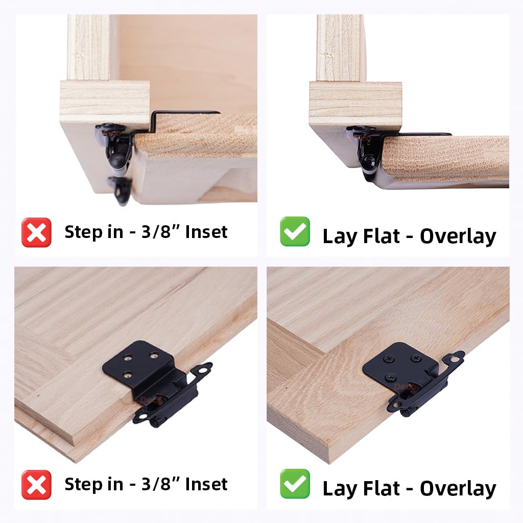 Decobasics 1/2" Overlay Matte Black Cabinet Hinges (10 Pair -20 Pcs) Self Closing Bath & Kitchen Cabinet Hinges Black Flush Mount w/Door Bumpers & Upgraded Screws