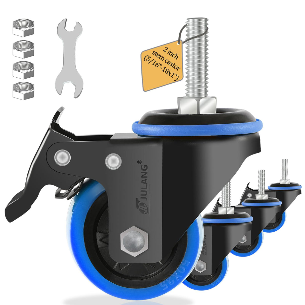 JULANG 2 inch Caster Wheels 5/16" Threaded Stem Casters Set of 4 Heavy Duty, Locking & Stem Mount (UNC 5/16" -18 x1 & Weight Capacity 580 lbs) Casters for Wire Shelving, Carts, Furniture.(Blue)