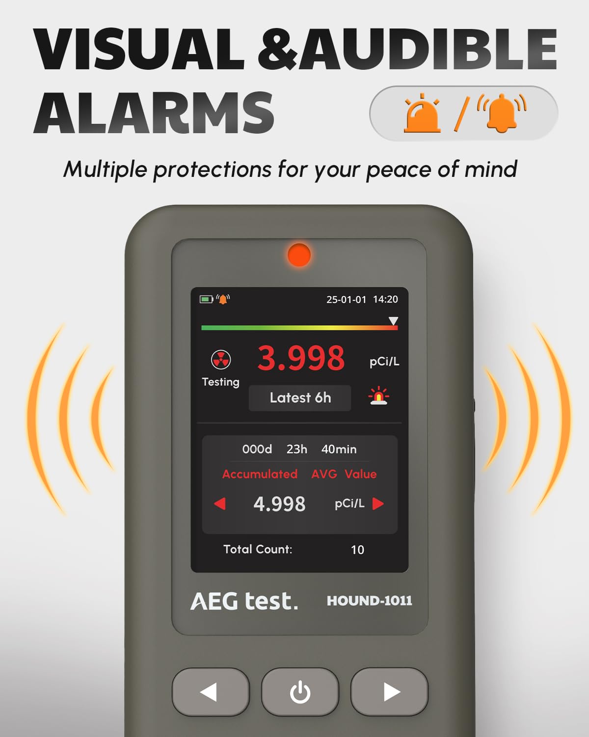 AEGTEST HOUND-1011 Portable Radon Detector for Home, Lightweight, High-Accuracy Sensor, 45-Day Monitoring, Easy-to-Use Radon Tester, Short- & Long-Term in pCi/L or Bq/m³ for Basement – Gray