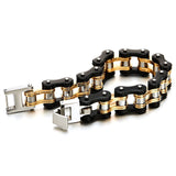 COOLSTEELANDBEYOND Men's Tri-Tone Bike Chain Link Bracelet, Silver Black and Gold, Large Motorcycle Link with Fold Over Clasp, Biker Punk Jewelry Gift