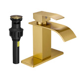 FRANSITON Waterfall Bathroom Faucet Lavatory Single Handle 1 or 3 Hole Bathroom Sink Faucet Washbasin Faucet with Deck and Pop-up Drain (Black & Gold, Short)