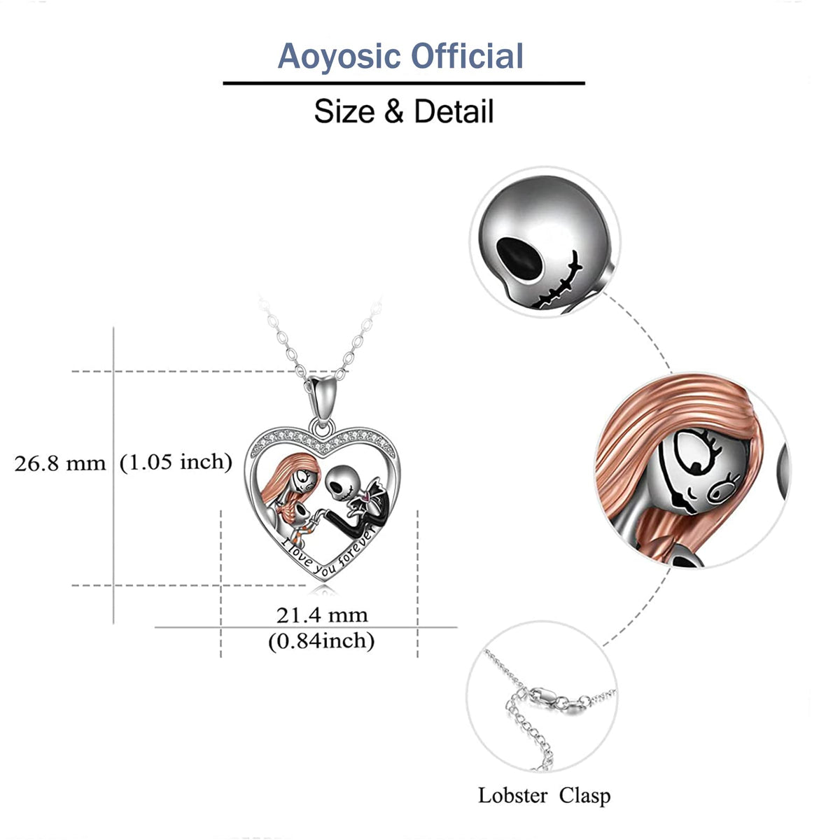 Aoyosic Nightmare Necklace Gifts Sterling Silver Jack Infinity Heart Family Pendant I Love You Forever Skull Jewelry Birthday Gifts for Women Gothic Jewelry Christmas Birthday Gifts