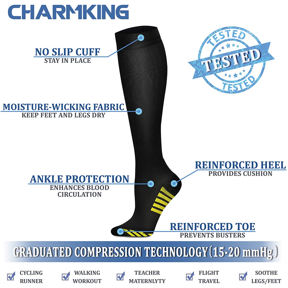 CHARMKING Compression Socks for Women & Men (8 Pairs) 15-20 mmHg Graduated Copper Support Socks are Best for Pregnant, Nurses - Boost Performance, Circulation, Knee High & Wide Calf (L/XL, Multi 32)