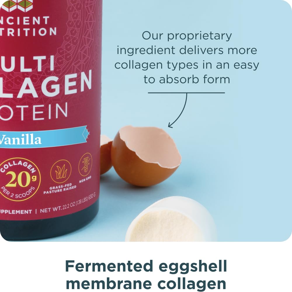 Collagen Powder Protein by Ancient Nutrition, Multi Collagen Vanilla Protein Powder, 45 Servings, with Vitamin C, Hydrolyzed Collagen Peptides Supports Skin and Nails, Gut Health, 16.7oz