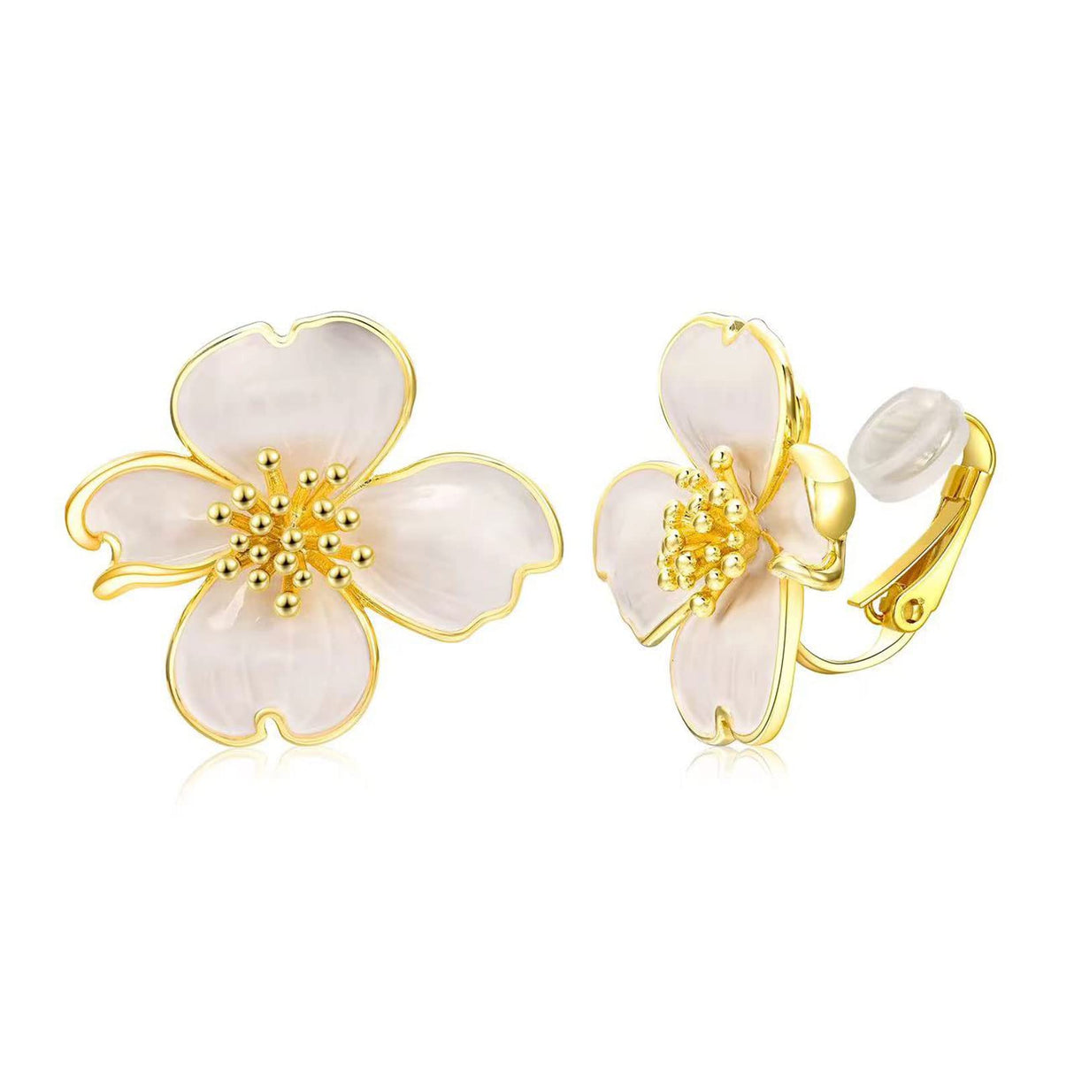 NUOKUN Clip on Earrings Women, 14K Gold Plated Earrings for Sensitive Ears, Fashion Women's Earrings Jewelry Birthday Gift for Wife Grandma Daughter on Christmas Thanksgiving (Sakura Cream Enamel Earrings)