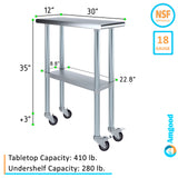 AmGood 30 in. x 12 in. Stainless Steel Work Table with Wheels | Metal Kitchen Food Prep Table | NSF
