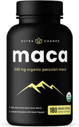 NutraChamps USDA Organic Maca Root Capsules for Women & Men, 2100mg, 180 Capsules, Black, Red & Yellow Peruvian Gelatinized, Highest Potency Maca Root Powder Supplement