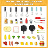 Kids Grill Playset, BBQ Toy Grill with Smoke Sound Light and Wheel, Movable Pretend Play Kitchen Toys Grills for Toddlers 3-5, 2-Layer Barbecue Play Food Christmas Birthday Gifts for Grandkids