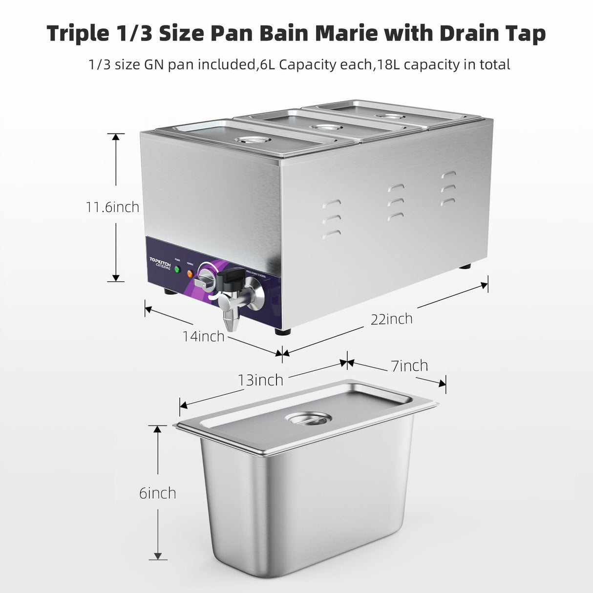 TOPKITCH 3-Pan Commercial Food Warmer with Non-Leakage Stretch-Forming Water Tank &3 of 1/3 Size GN Pan,Countertop Soup Station Bain Marie with Drain Tap for Buffet,Catering,Parties and Restaurants