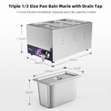 TOPKITCH 3-Pan Commercial Food Warmer with Non-Leakage Stretch-Forming Water Tank &3 of 1/3 Size GN Pan,Countertop Soup Station Bain Marie with Drain Tap for Buffet,Catering,Parties and Restaurants