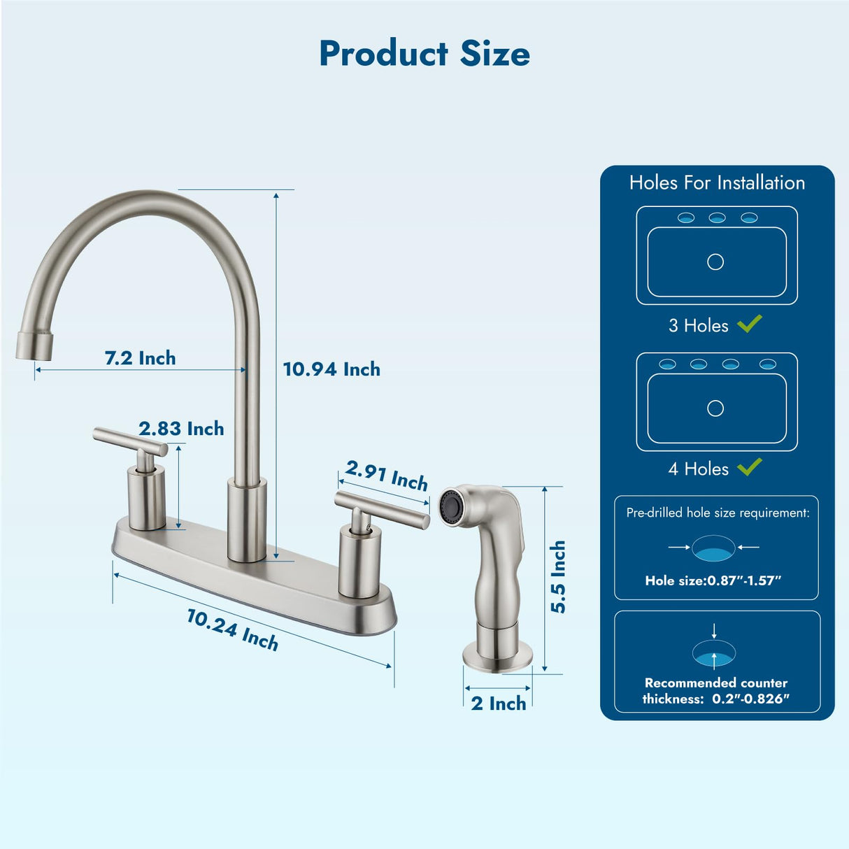 Cinwiny Kitchen Faucet, High Arc 360° Swivel Spout, 2-Handle 8 Inch Centerset Kitchen Sink Faucet with Side Sprayer, 3 or 4 Hole Kitchen Faucet for RV, Utility & Laundry Sink, Brushed Nickel