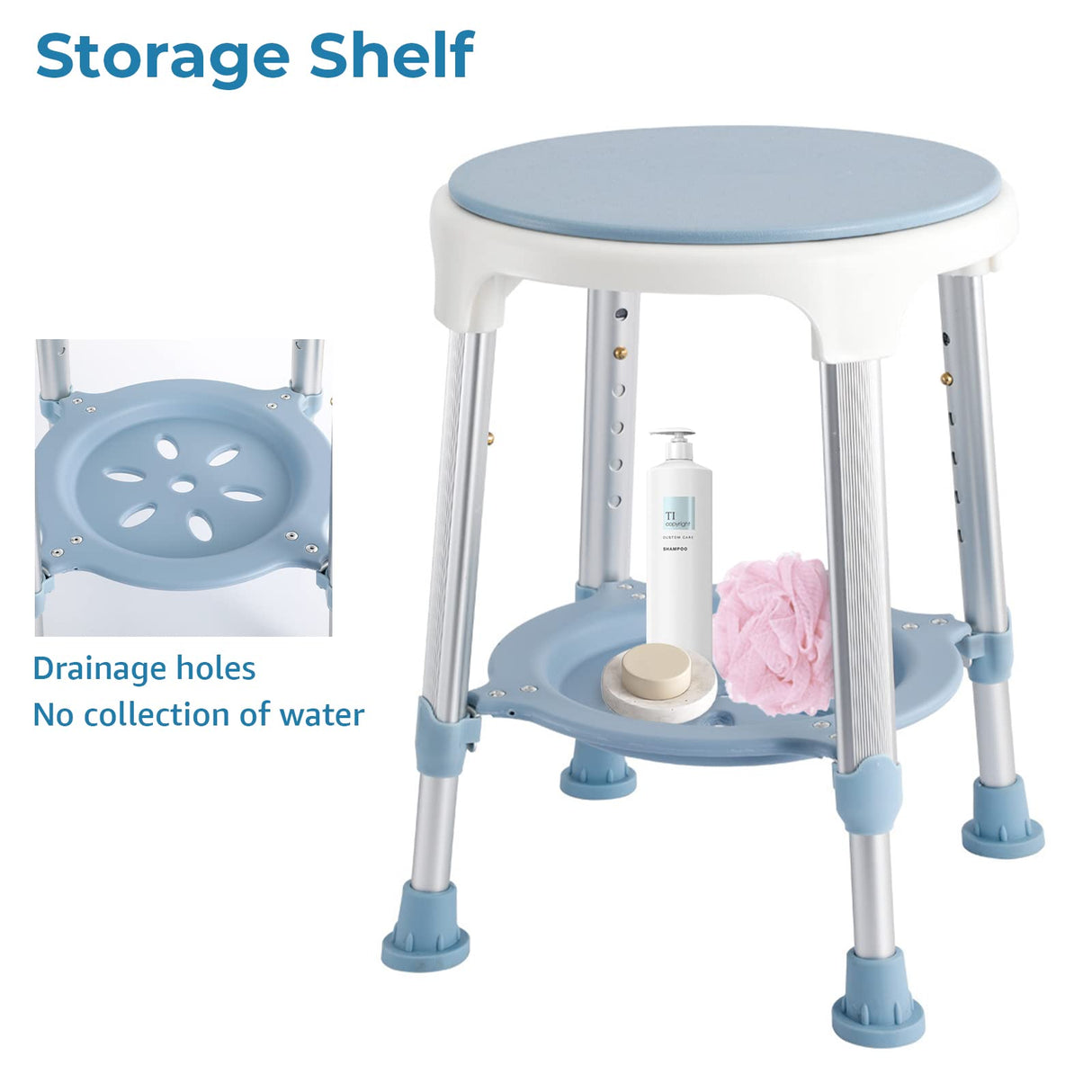 KSITEX Shower Chair Stool for Inside Shower, Small Corner Plastic Stool for Shower 300 Lb,360° Swivel Bath Shower Seat for Seniors Adults Sitting, Adjustable Bathtub Stool with Storage Tray