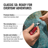 Victorinox Classic SD Swiss Army Knife, Compact, 7 Functions, Swiss Made Pocket Knife with Small Blade, Screwdriver and Key Ring - Style Icon (Red)