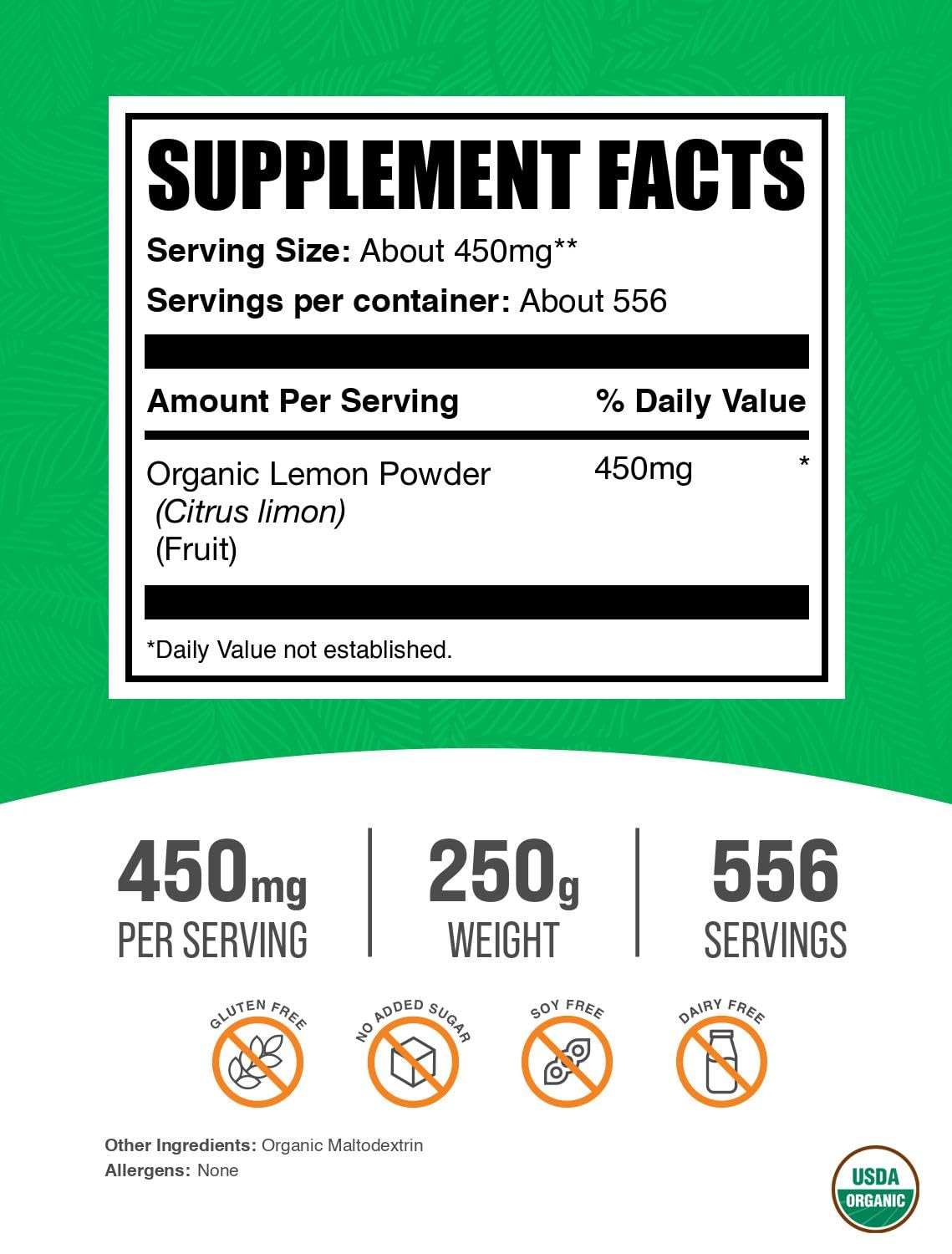 BulkSupplements.com Organic Lemon Powder - Natural Vitamin C Source, Fruit Powder, Lemon Flavoring - Gluten Free, 450mg per Serving, 250g (8.8 oz) (Pack of 1)