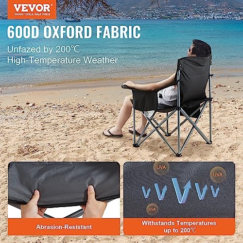 VEVOR Camping Folding Chair, Portable Heavy Duty Outdoor Quad Lumbar Back Padded with Side Pockets, Cup Holder and Cooler Bag for Beach, Lawn, Picnic, Fishing, Backpacking, Black