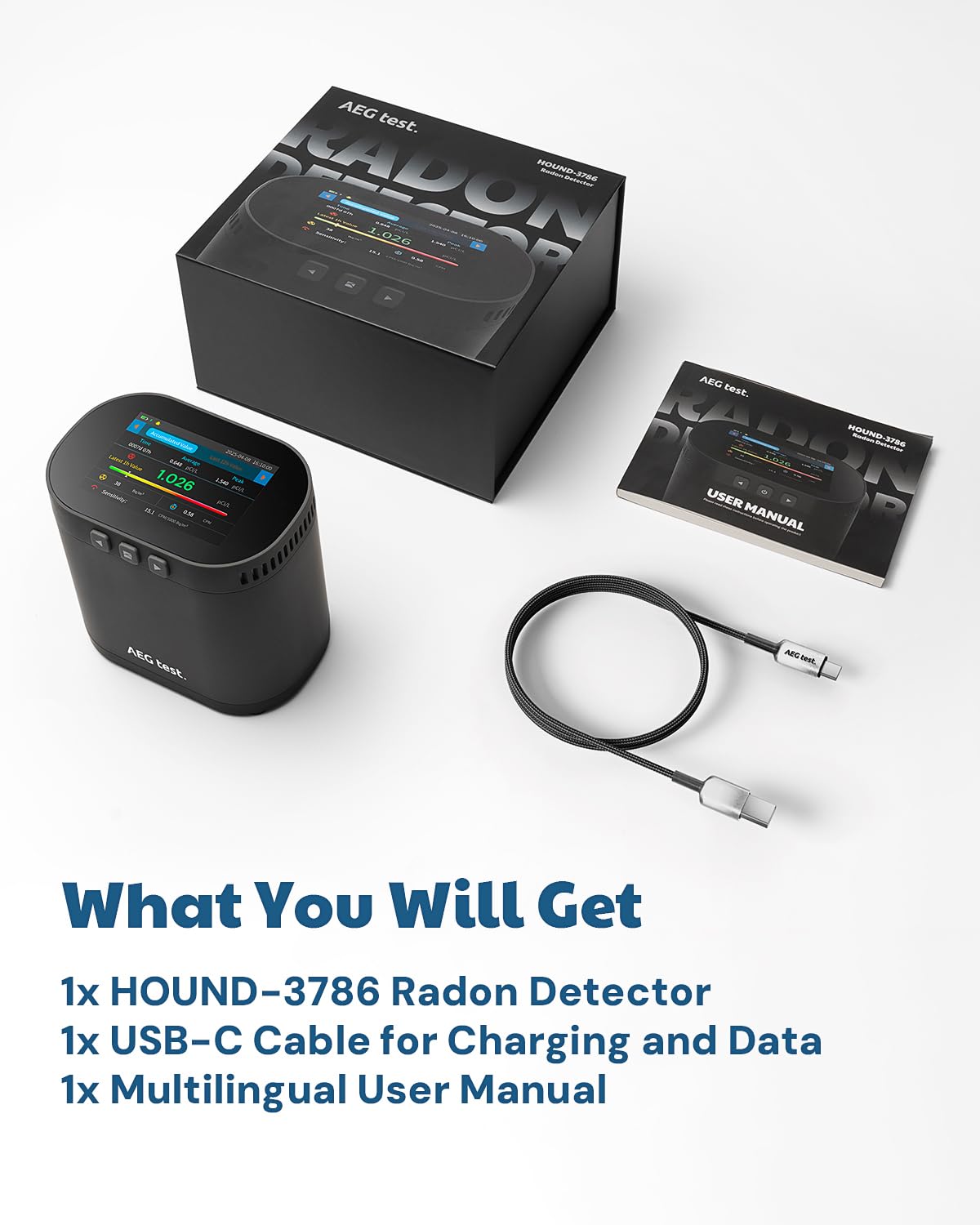 AEGTEST HOUND-3786 Radon Detector for Home, 10-Min Update, 3.5" Large Display, Long-Term Radon Monitoring with Data Charts, PDF Export, Audible & Visual Alarm, pCi/L & Bq/m³ -Black