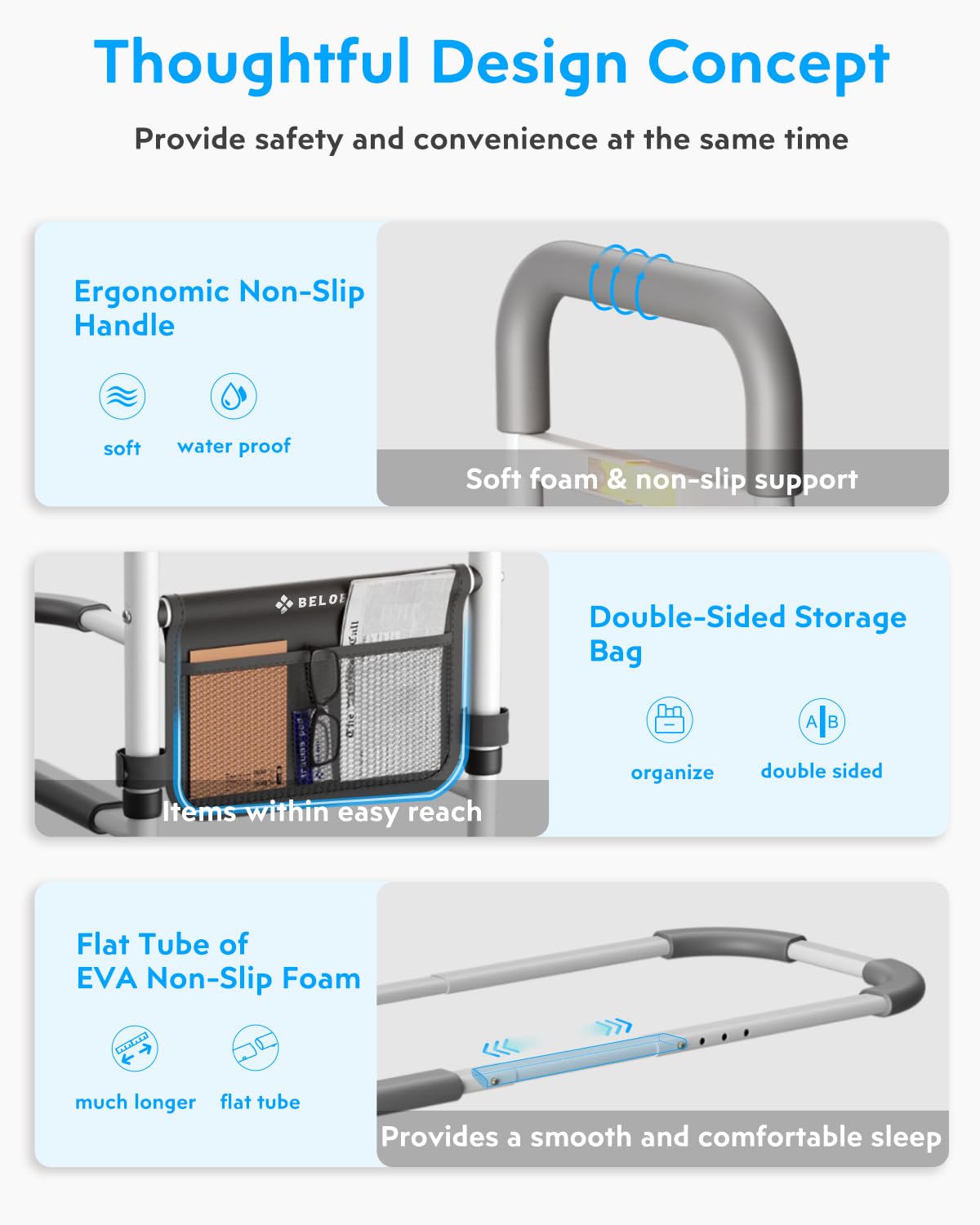 Bed Rails Elderly Adults Safety: Side Assist Grab Bar Handrails for Seniors with Motion Sensor LED Light Pouch - Adjustable Bed Cane Portable Handle Bedside Railing - Fits Twin Full Queen King Grey