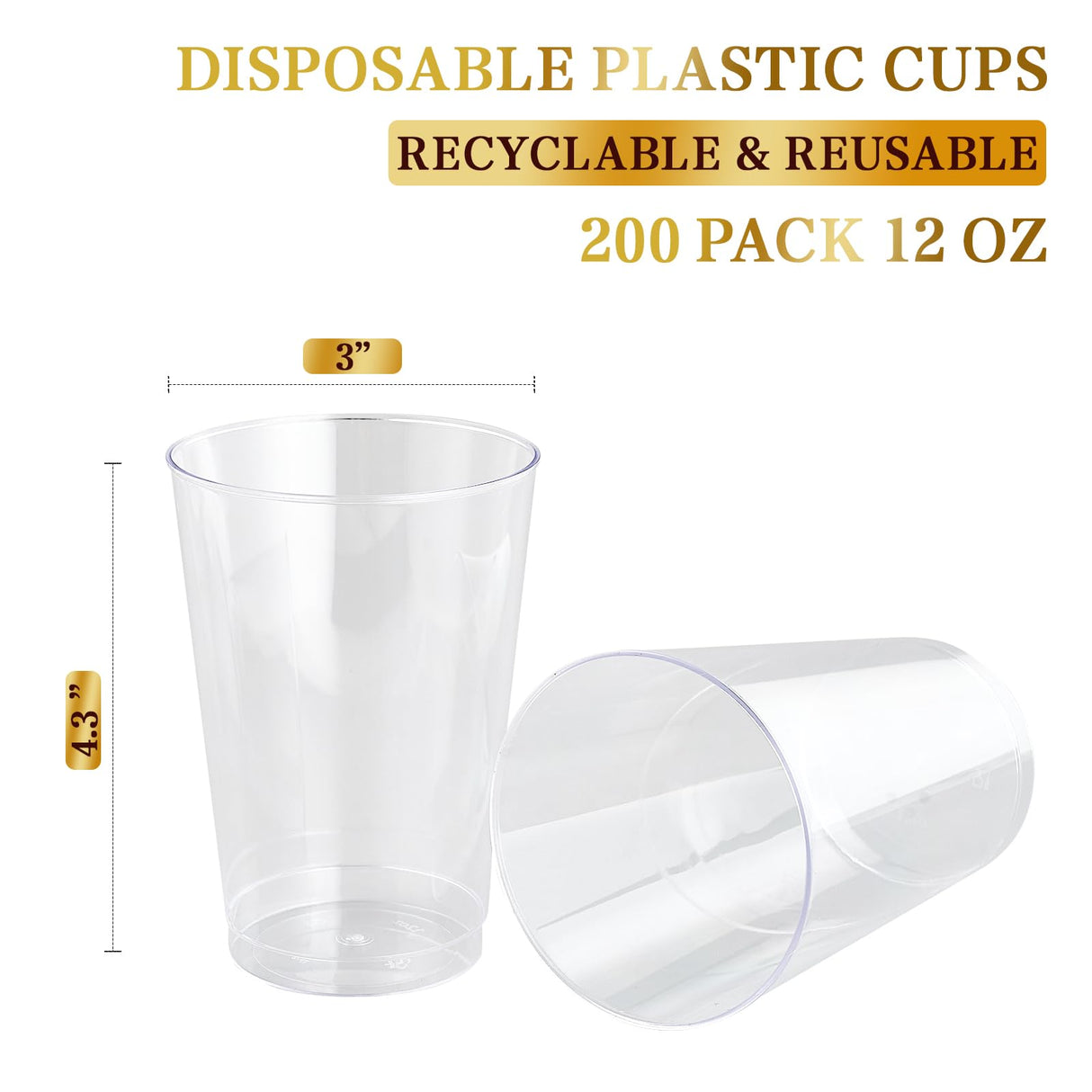 FOCUSLINE 200 Pack 12 oz Clear Plastic Cups, Disposable Cups Reusable Plastic Tumblers, Heavy-duty 12 Ounce Clear Cups Tumblers for Party, Thanksgiving, Halloween, Christmas