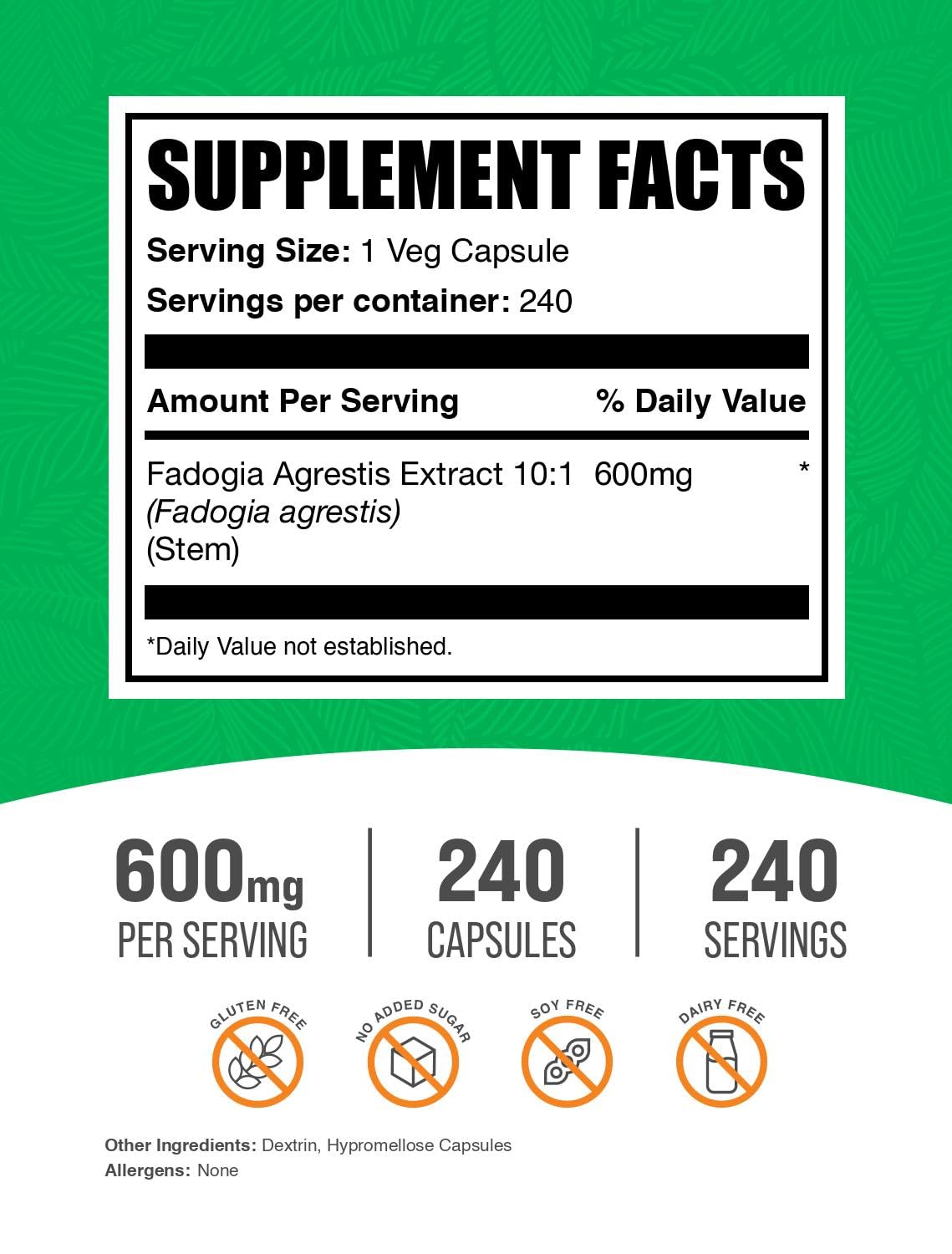 BulkSupplements.com Fadogia Agrestis Capsules - Fadogia Agrestis Supplement, Fadogia Agrestis 600mg - for Energy Boost, Vegan, 1 Capsule per Serving, 240 Veg Capsules (Pack of 1)