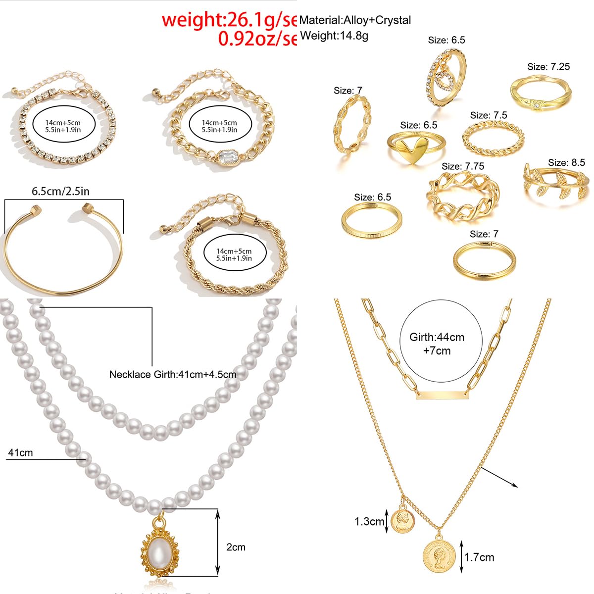 CONGYING 65 Pcs Gold Jewelry Set with 6Pcs Layered Necklace, 11 Pcs anklet and 7Pcs Earring Ear Cuff,11Hoop Earrings,15pcs Rings,15pcs stud earrings Jewerly set for Women Pack for Party GiftL