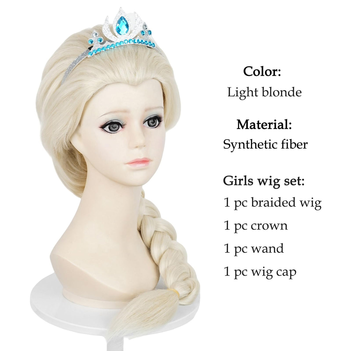 Probeauty Long Blonde Braided Wig for Girls Princess Cosplay, Kids Costume Wig with Magic Wand Crown for Halloween Christmas Birthday Party
