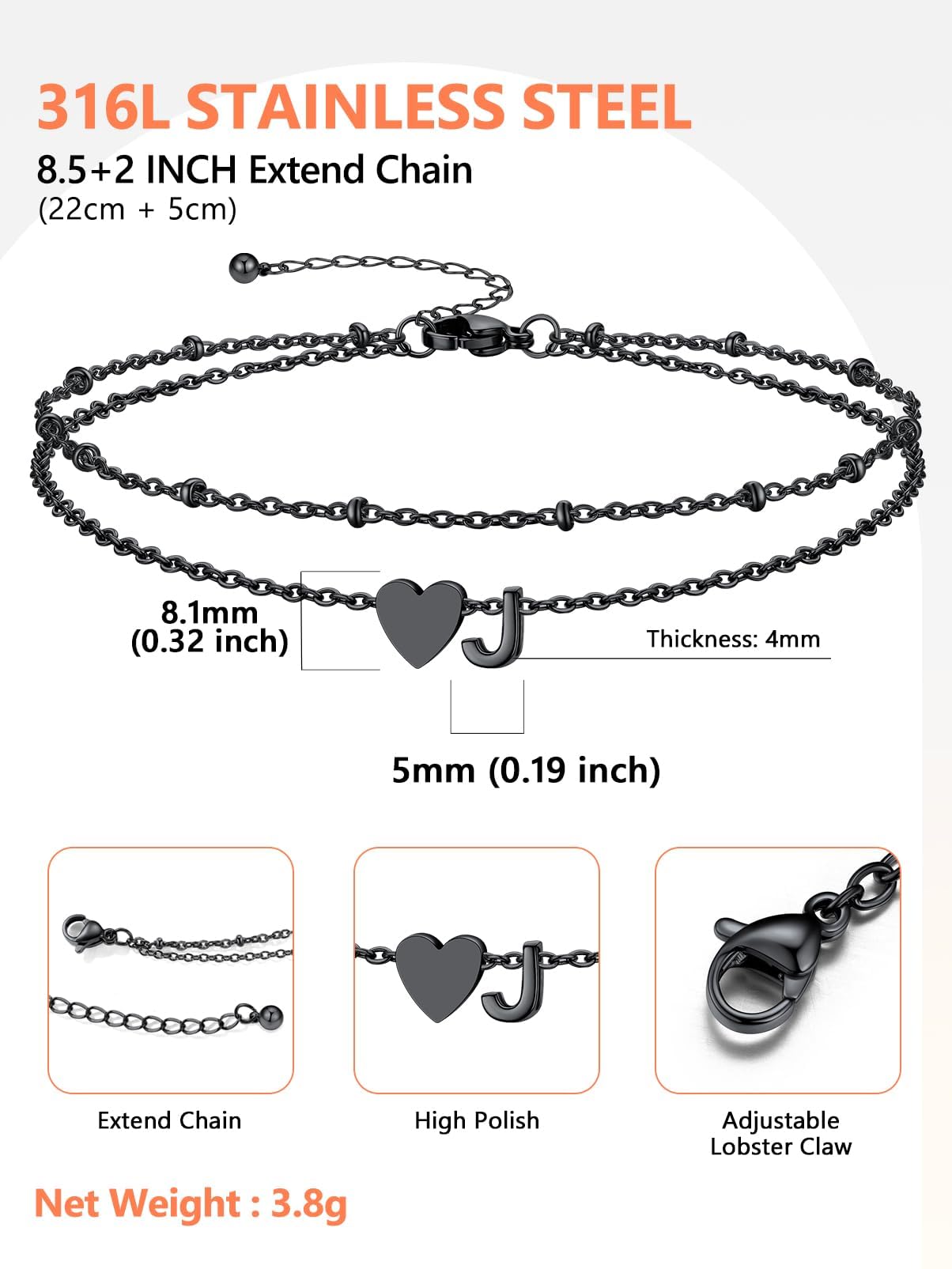 Silvora Ankle Bracelets for Women Black Heart Anklet for Women Dainty Layered Initial Ankle Bracelets Adjustable Foot Chain Stainless Steel Anklet Summer Waterproof Jewelry Letter J
