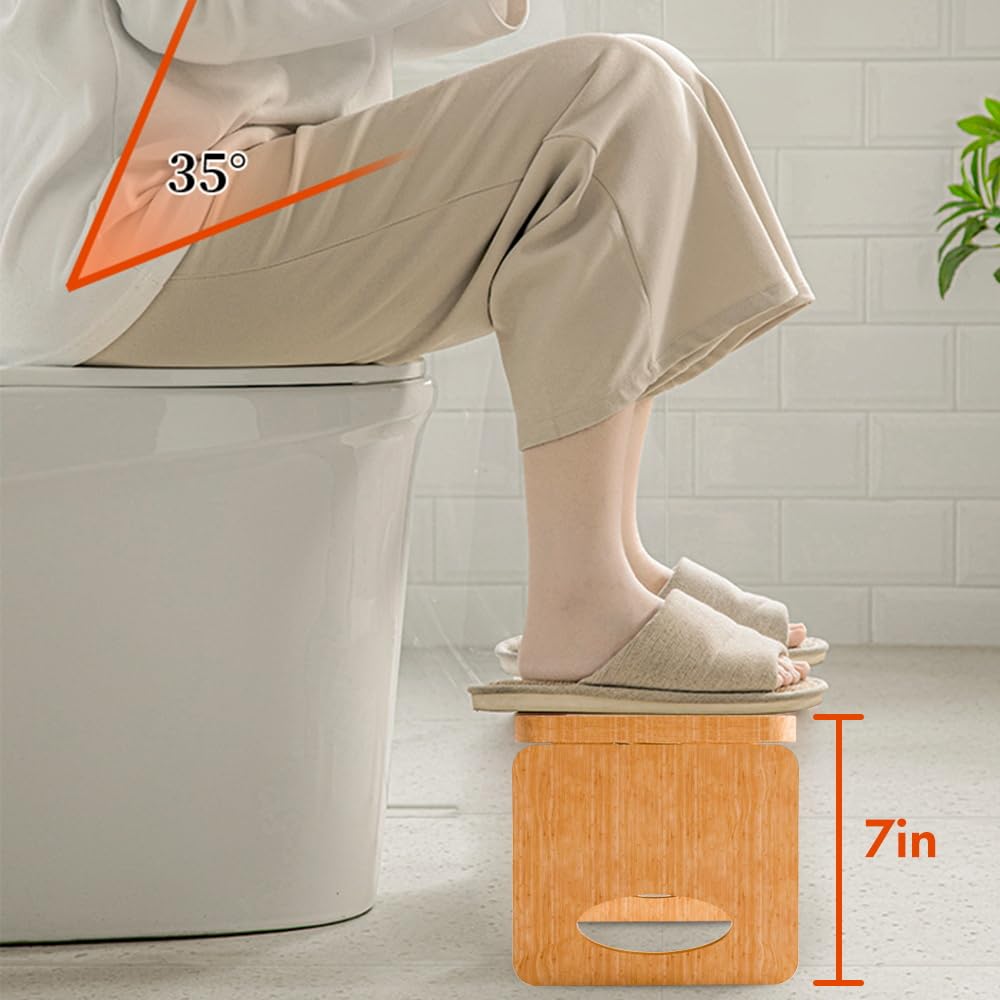 Beinilai Foldable Toilet Stool,7 Inches Poop Stool for Bathroom,Bamboo Toilet Stool Squat Adult,Potty Stool with 2 Packs Anti-Slip Strip