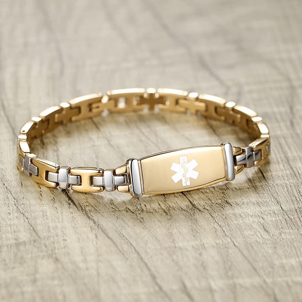 Tarring Fashion Lady Stainless steel Medical Alert id Bracelets with Free Engraving (Gold-7.5 in)