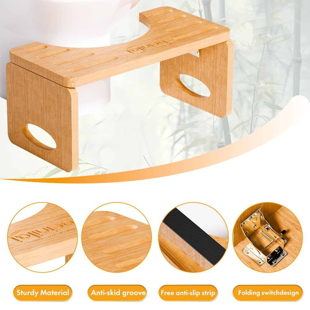 Beinilai Foldable Toilet Stool,7 Inches Poop Stool for Bathroom,Bamboo Toilet Stool Squat Adult,Potty Stool with 2 Packs Anti-Slip Strip