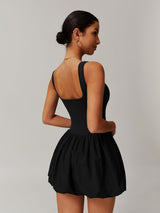 ABOCIW Woman's Black Tennis Dress Squre Neck Sleeveless Bubble Mini Dress Workout Athletic Dress Build in Shorts with Pockets Black Small