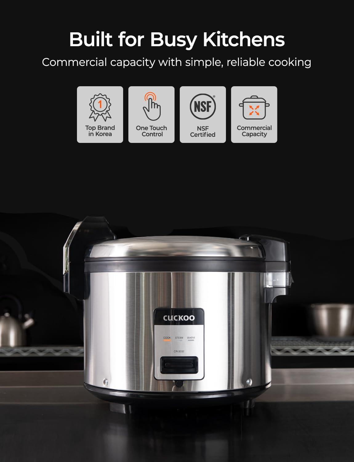 CUCKOO Commercial Rice Cooker & Warmer, Extra Large Rice Cooker 30-Cup Uncooked / 60-Cup Cooked, Professional Industrial Grain Cooker with Large Capacity, Easy One-Touch Operation, Silver (CR-3032)