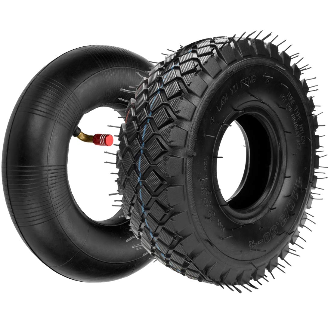 FVRITO Set of Two 4.10/3.50-4 4.10-4 410-4 Tire and Inner Tube with Bent Valve Stem Replacement for Lawn Mower Hand Truck Wheelbarrow Trailers Dollies Wagon Snowblower Compressor Generator Go kart