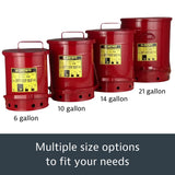 Justrite 10 Gallon Galvanized Steel Oily Waste Can, 18" x 14" Metal Oil Rag Safety Can With Foot Operated Self-Closing Lid for Oil Rag Disposal, Made in the USA, Red, 09300