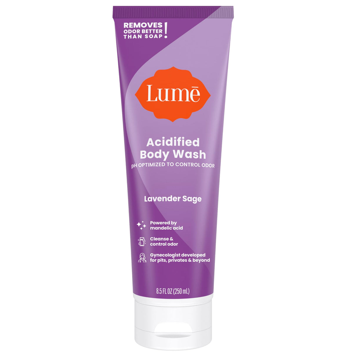 Lume Acidified Body Wash - 24 Hour Odor Control - Removes Odor Better than Soap - Moisturizing Formula - Formulated Without SLS or Parabens - OB/GYN Developed - 8.5 ounce (Lavender Sage)
