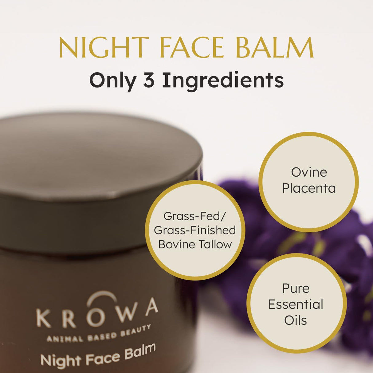 Krowa Night Face Balm - Grass Fed Tallow Cream w/Essential Oils. Growth Factors & Stem Cells for Natural Skin Rejuvenation. Collagen and Elastin to Boost Skin Renewal. Clean Beauty, No Additives