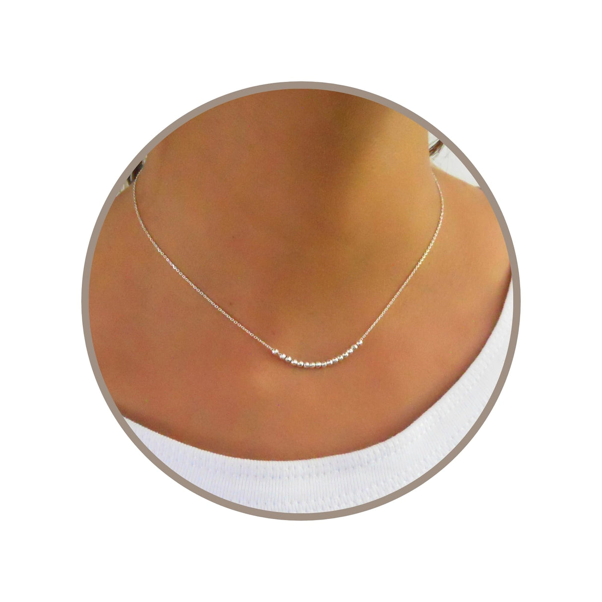 Annika Bella Silver Beaded Necklace for Women, Dainty 16 Faceted Beads Bar Pendant, Waterproof Tarnish Resistant Jewelry, 15" + 2" Extender, Gift for Her