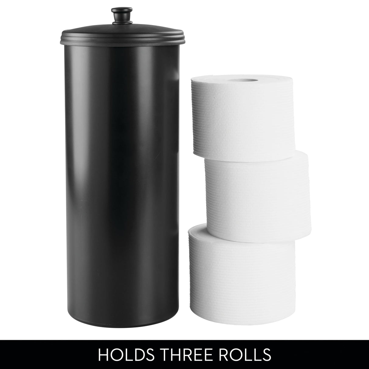 iDesign Freestanding Bathroom Toilet Paper Storage Holder with Lid for 3 Extra Rolls, Matte Black