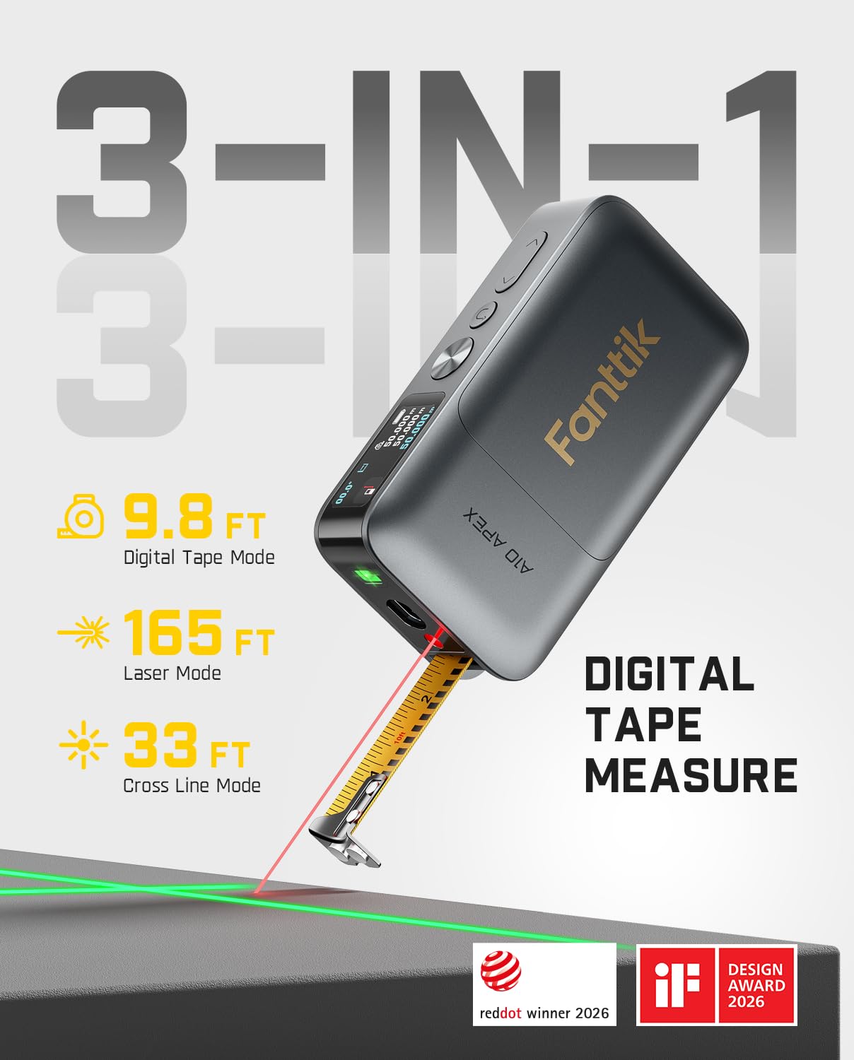 Fanttik A10 Apex 3-in-1 Digital Laser Tape Measure with HD Color Display, 165Ft Rechargeable Laser Measurement & 32Ft Green Cross Line Laser & 9.8Ft Tape, 6 Units, for Distance/Area/Volume/Leveling
