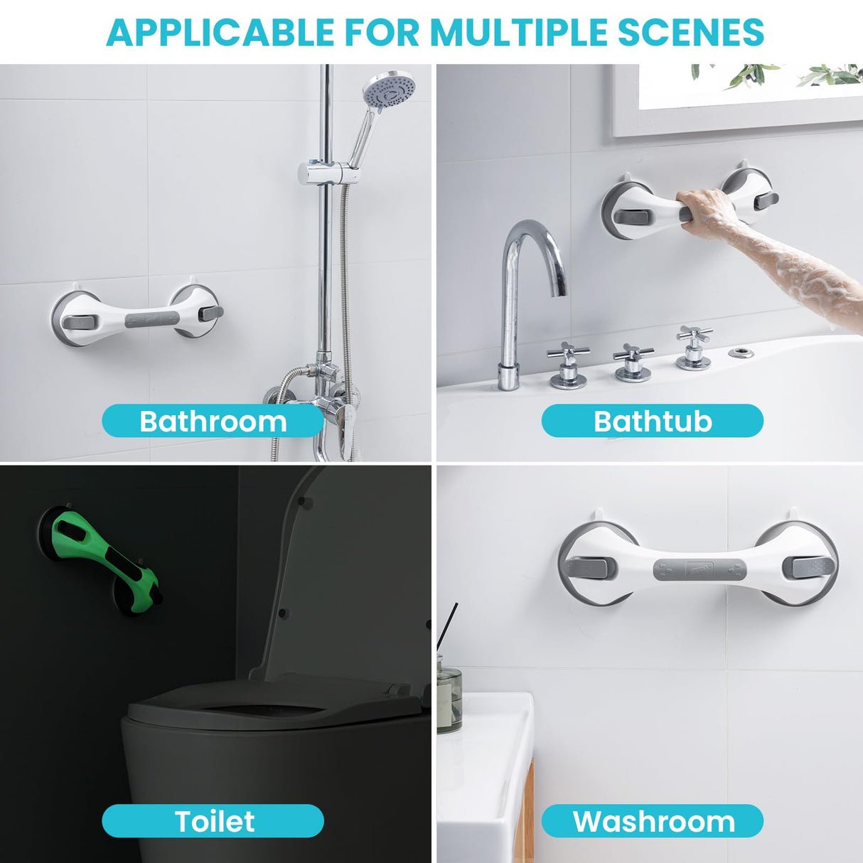 TAILI Shower Grab Bar Glow in The Dark, 2 Pack 12.2 in Grab Bars for Bathtubs and Showers,Shower Handles Shower Rails for Seniors and Elderly,Bathroom Safety Grip Removable No Drilling Waterproof Grey