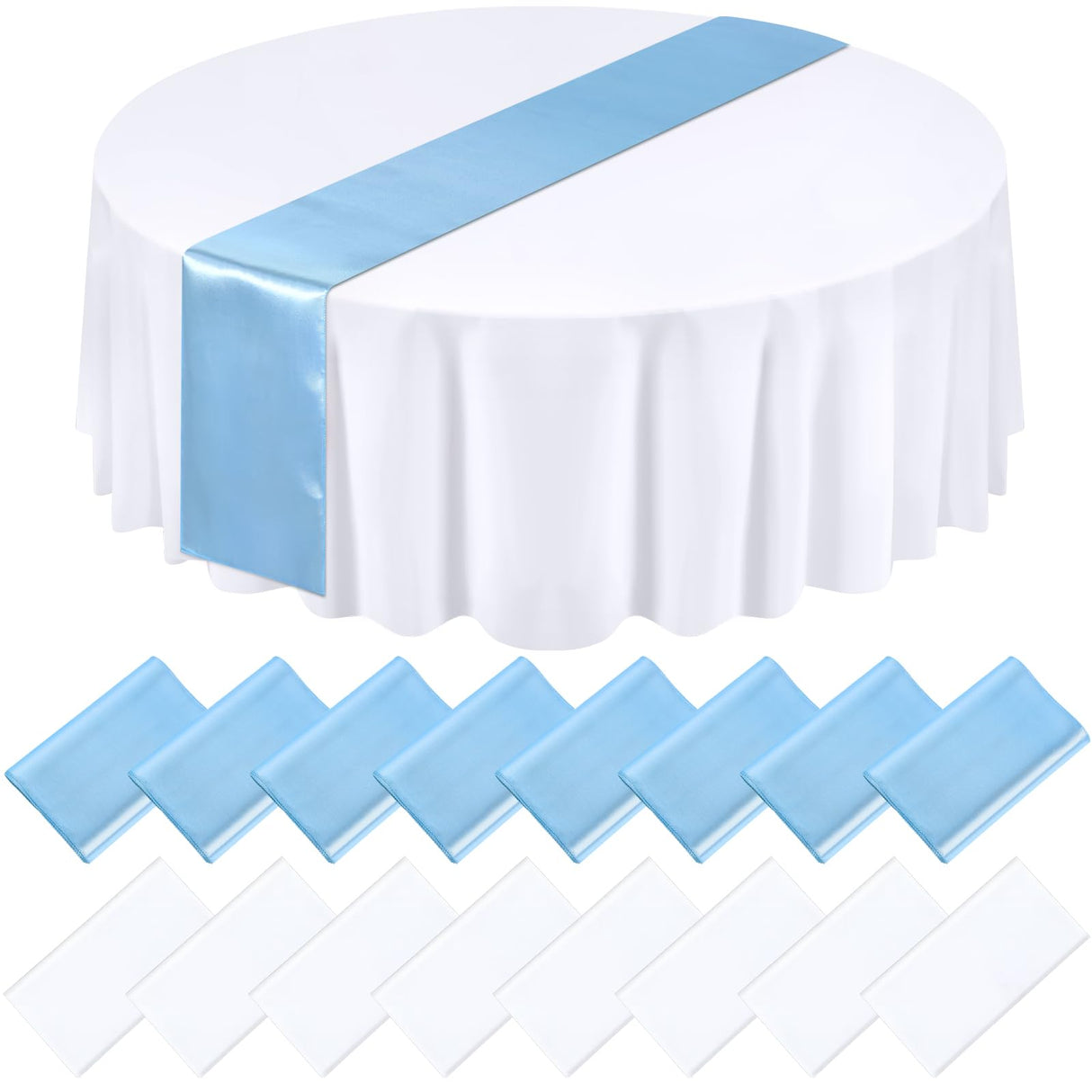 Tudomro 16 Pcs White and Light Blue Round Plastic Tablecloth and Satin Table Runner Set 84 Inch Round Covers 12 x 108 Inch Table Runners for Christmas Wedding Birthday Party Baby Shower