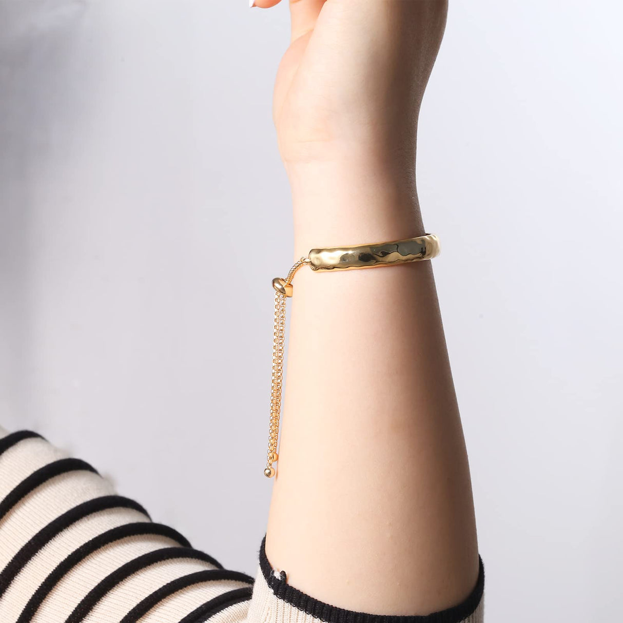 WOWORAMA Gold Bar Bracelet for Women Adjustable Slider Bangle Bracelets 14K Gold Plated Curved Bar Bolo Bracelet Simple Friendship Bracelet - Gold Hammered Bar Bracelet