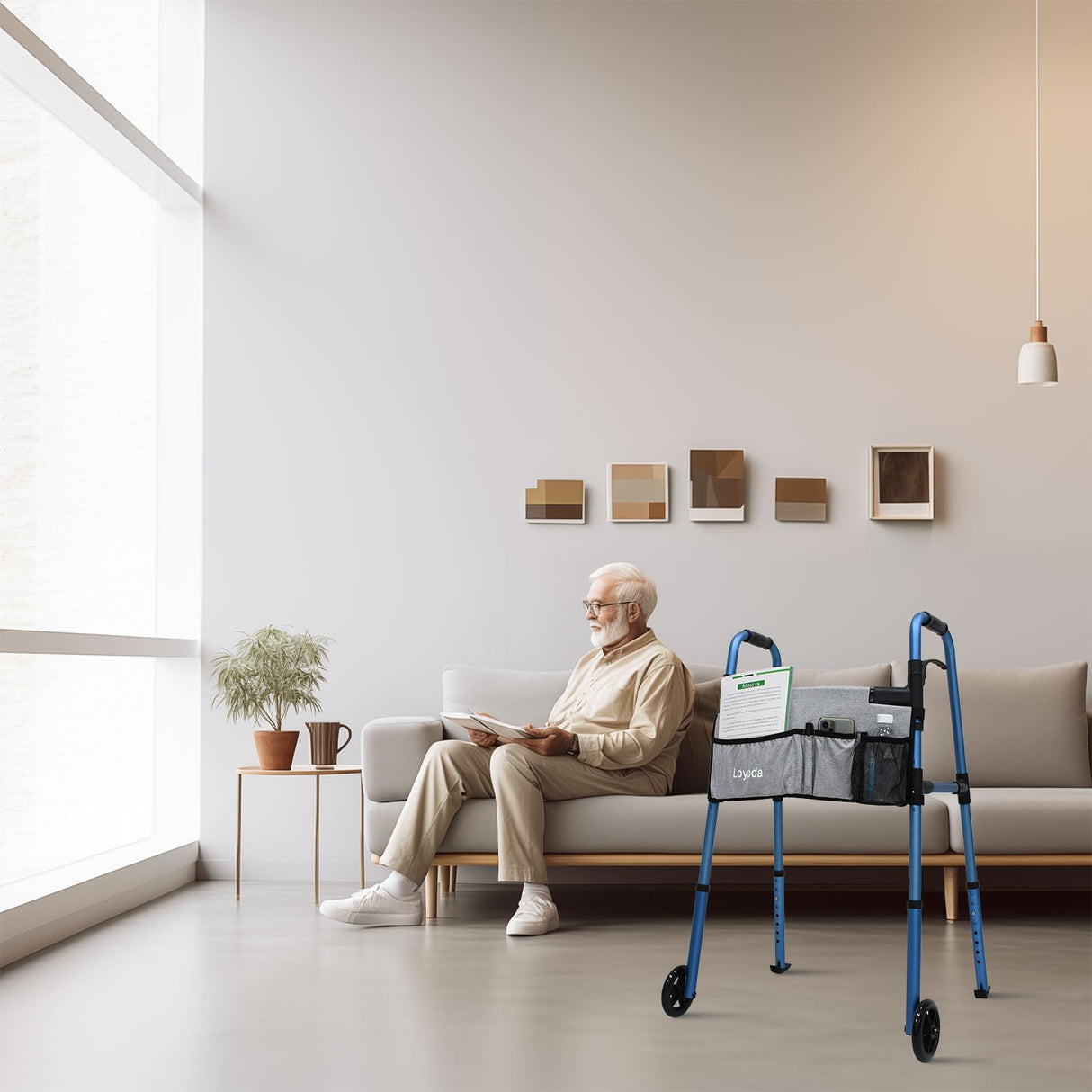 Loyoda Folding Walkers for Seniors,FSA/HSA Eligible Medical Walker 5'' Front Wheel Lightweight Walker with Storage Bag and Skis Glides Height Adjustable Aluminum Compact Standard Walker （Blue）