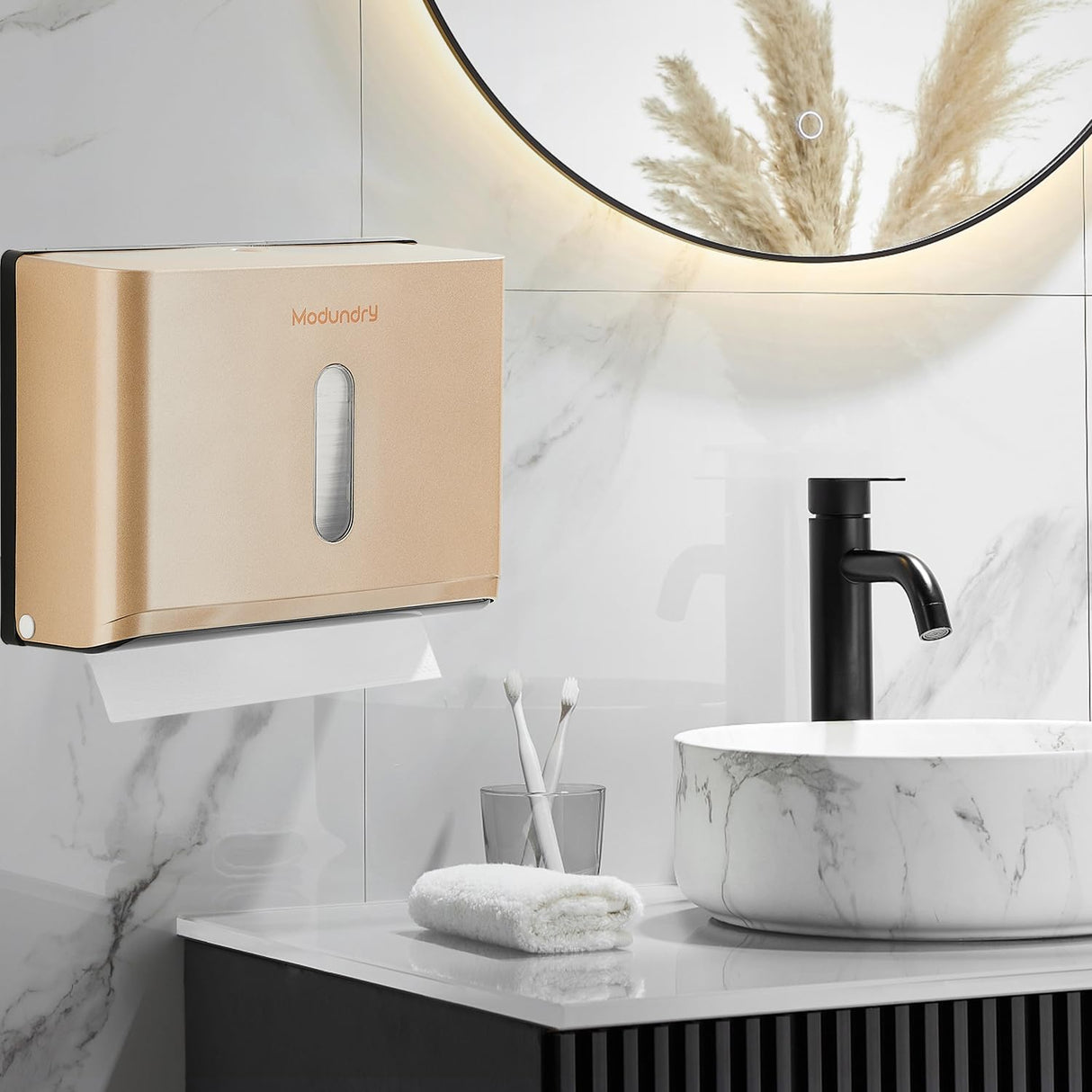 Paper Towel Dispensers Wall Mount: Multifold Z-Fold Paper Towel Holder, No Drilling Install, Compact Hand Towel Dispenser for Home Bathroom, Restroom, Office, Gold