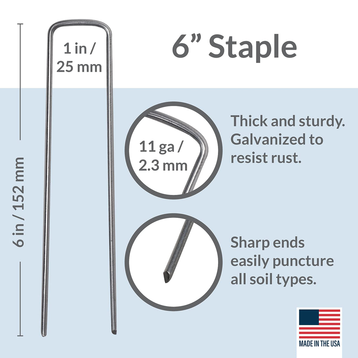 Pinnacle Mercantile Garden Stakes 6 Inch 11 Gauge Galvanized Steel Landscape Staples, Heavy Duty Landscape Fabric Stakes 100 Pack for Weed Barrier, Sod, Edging, Fencing and Drip Irrigation Made in USA