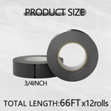 SWRT 12 Pack Black Electrical Tape Waterproof, 0.75 in x 66 FT High Temp Electric Tape Under 600V for All Weather - UV Protection - Flame Retardant