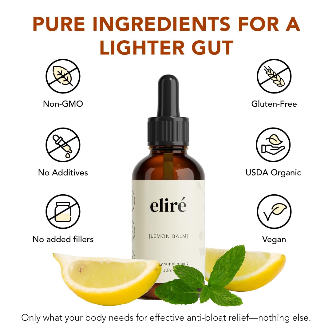 Eliré - Organic Lemon Balm Extract - Digestive Relief & Anti-Bloat Support - Alcohol-Free, Vegan, Non-GMO, Gluten-Free - 30ml